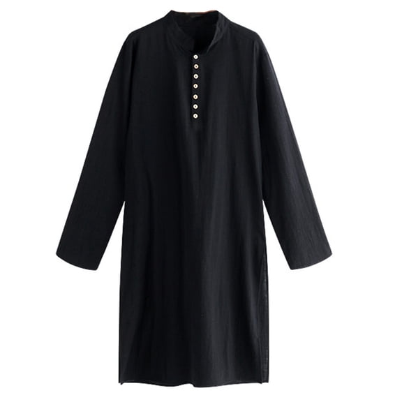 Men Kurta T-Shirt Long Sleeve Buttons Stand Collar Kaftan Blouse Solid Color Side Split Arabic Robe Knee Length Loose Tops