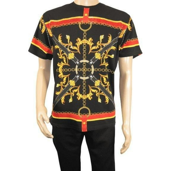 Men LAVERITA European Fashion Crew Shirt Rhine Stones Chain Florals 12085 Black