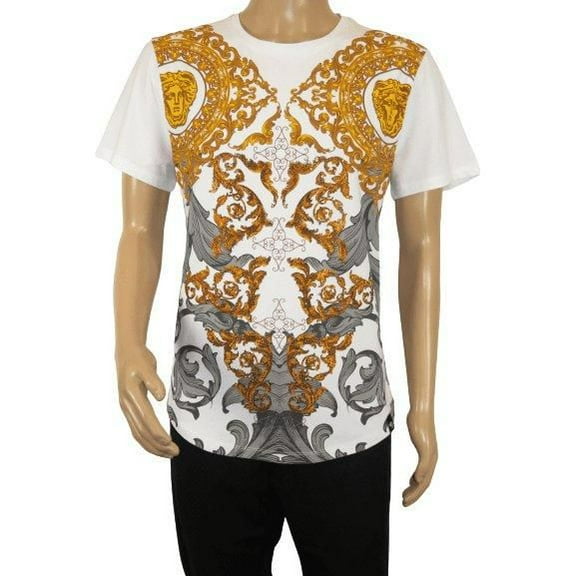 Men LAVERITA European Fashion Crew Shirt Rhine Stones Floral 93370 White