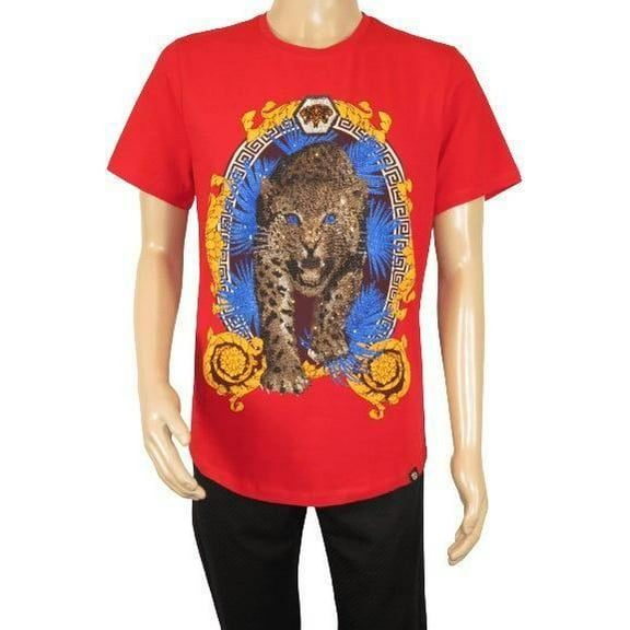 Men LAVERITA European Fashion Crew Shirt Short Sleeve Lion Medallion 93357 Red