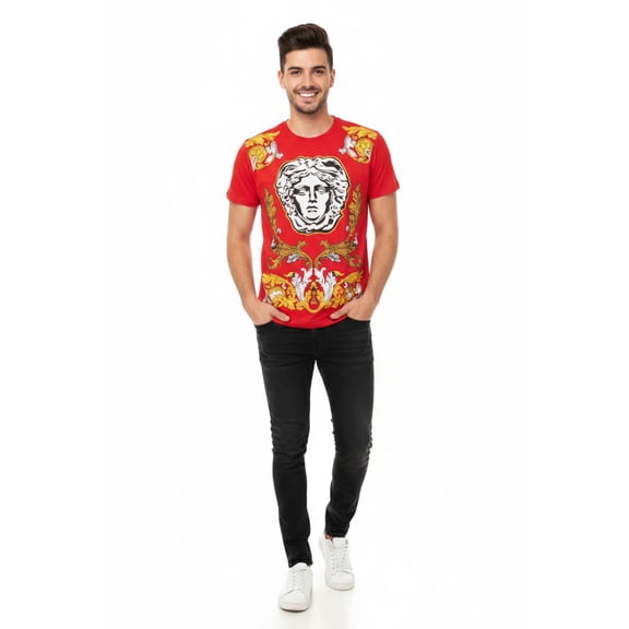Men LAVERITA European Fashion Shirt Short Sleeves Medusa Floral Design 93361 Red