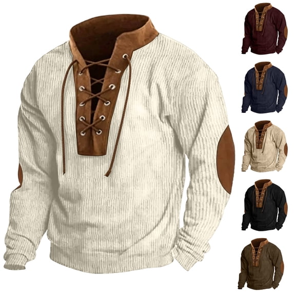 Men Lace Up Henley Shirt Sevevn Long Sleeve Corduroy Pullover With Contrast Elbow Patches Relaxed Fit Top For Daily Wear And Outdoor Casual Activities