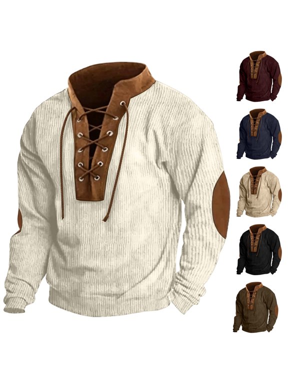 Men Lace Up Henley Shirt Sevevn Long Sleeve Corduroy Pullover With Contrast Elbow Patches Relaxed Fit Top For Daily Wear And Outdoor Casual Activities