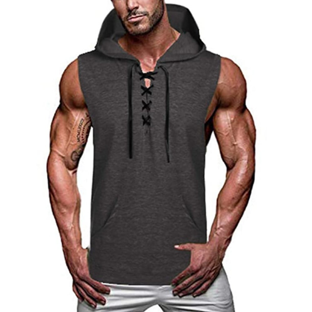 Men Lace Up Workout Hoodie Sweatshirt Tank Tops Muscle T Shirt