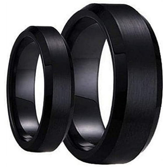 Men & Ladie's 8MM/6MM Flat Shiny with Black Inlay Tungsten Carbide Wedding Band Ring Set