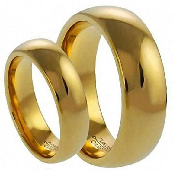 Men & Ladie's 8MM/6MM Tungsten Carbide Shiny Gold Wedding Band Ring Set Classic (Available Sizes 5-15 Including Half Sizes)