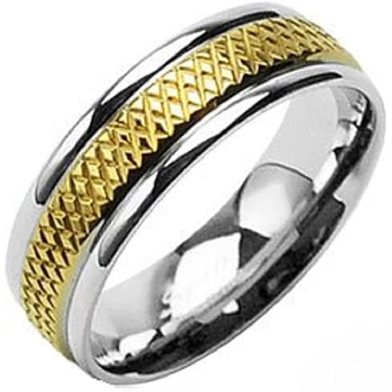 Men / Ladies 316L Surgical Stainless Steel Rings/Grooved IP Gold Center Ring Size 7