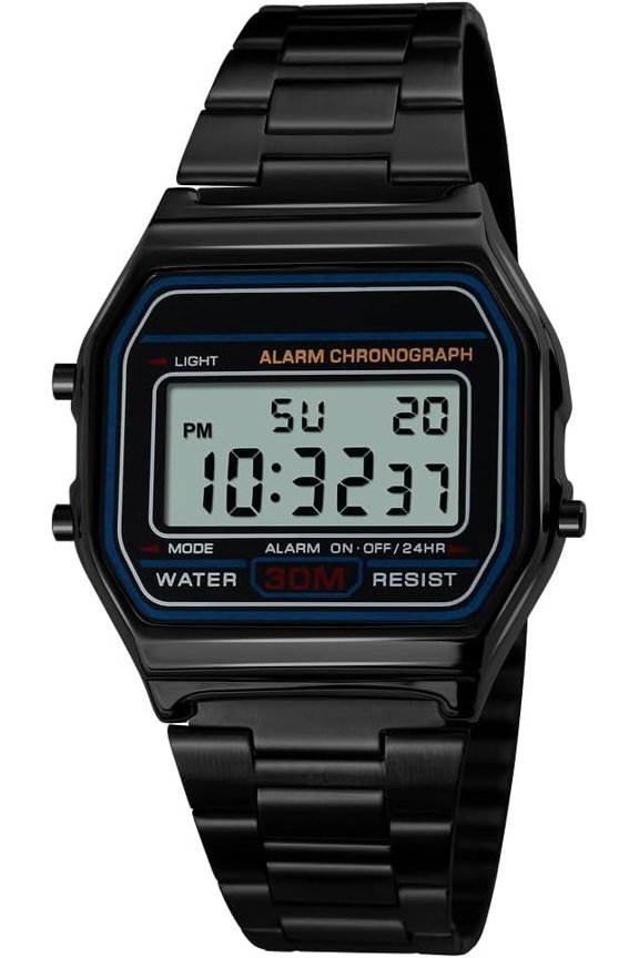 Men Lady Retro Stainless Steel Digital Casual Watch Stopwatch