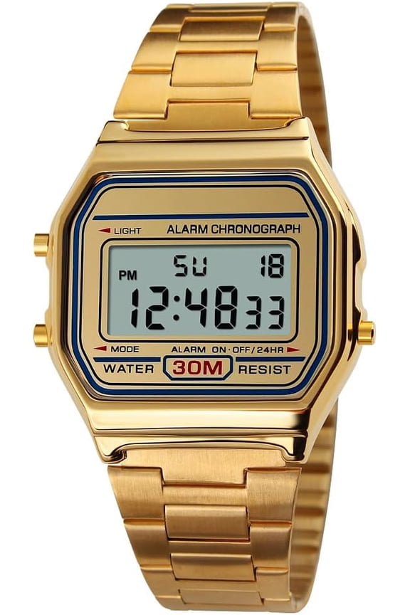 Men Lady Vintage Retro Gold Stainless Steel Digital Casual Watch Alarm Stopwatch