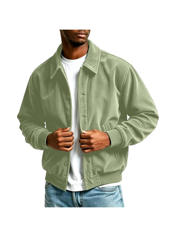 Men Lapel Collar Corduroy Button Jacket Long Sleeve Vintage Cargo Outer Coat with Pocket