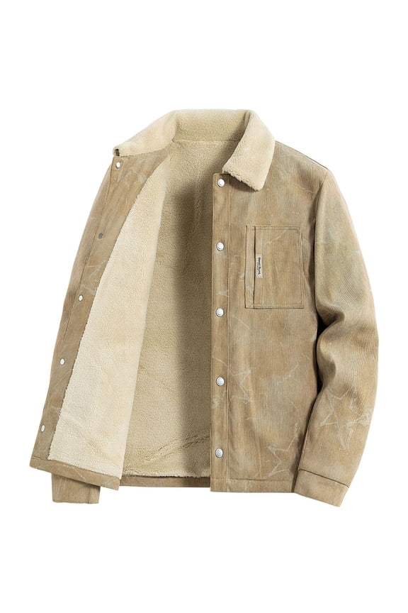 Men Lapel Jackets Button Down Star Graphic Print Corduroy Shackets Fleece Thermal Fall Winter Outwear With Pockets (3XL, Khaki)
