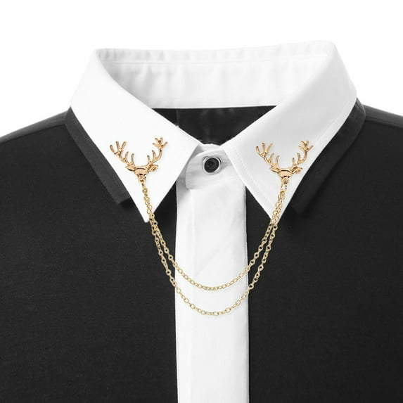 Men Lapel Pin Antler Decor Double Chains Anti-slip Dress-up Polished Suit Coat Collar Pin Coat Brooch Adult Clothes Hats Bags Jewelry