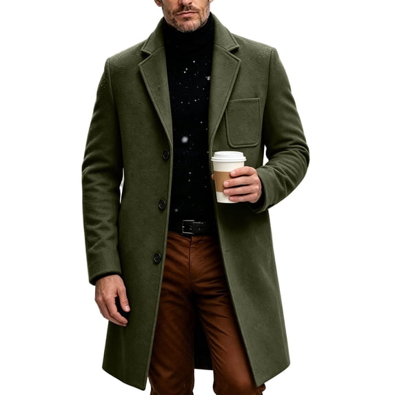 Men Lapel Single Breasted Mid‑Length Coat Long Sleeve Button Overcoat with Patch Pocket,Warm Windproof Winter Outdoor Outwear,Green,3XL