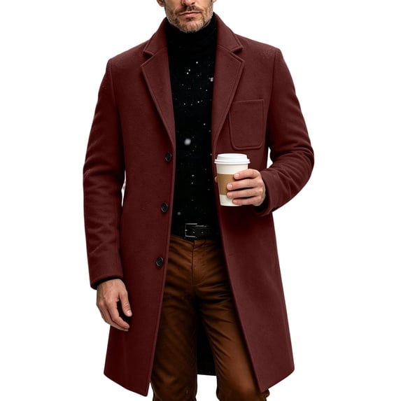 Men Lapel Single Breasted Mid‑Length Coat Long Sleeve Button Overcoat with Patch Pocket,Warm Windproof Winter Outdoor Outwear,Red,L