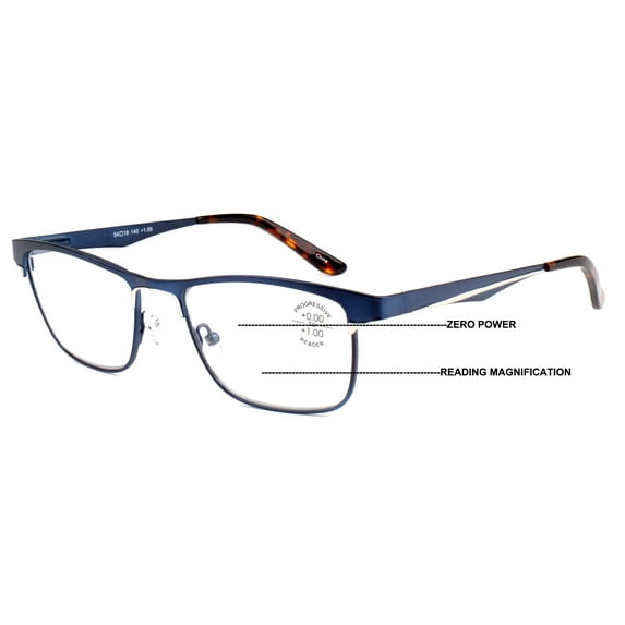 Men Large Metal Frame Clear Progressive Reading Glasses - Zero Power On Top - No Bubble 6035 +1.25