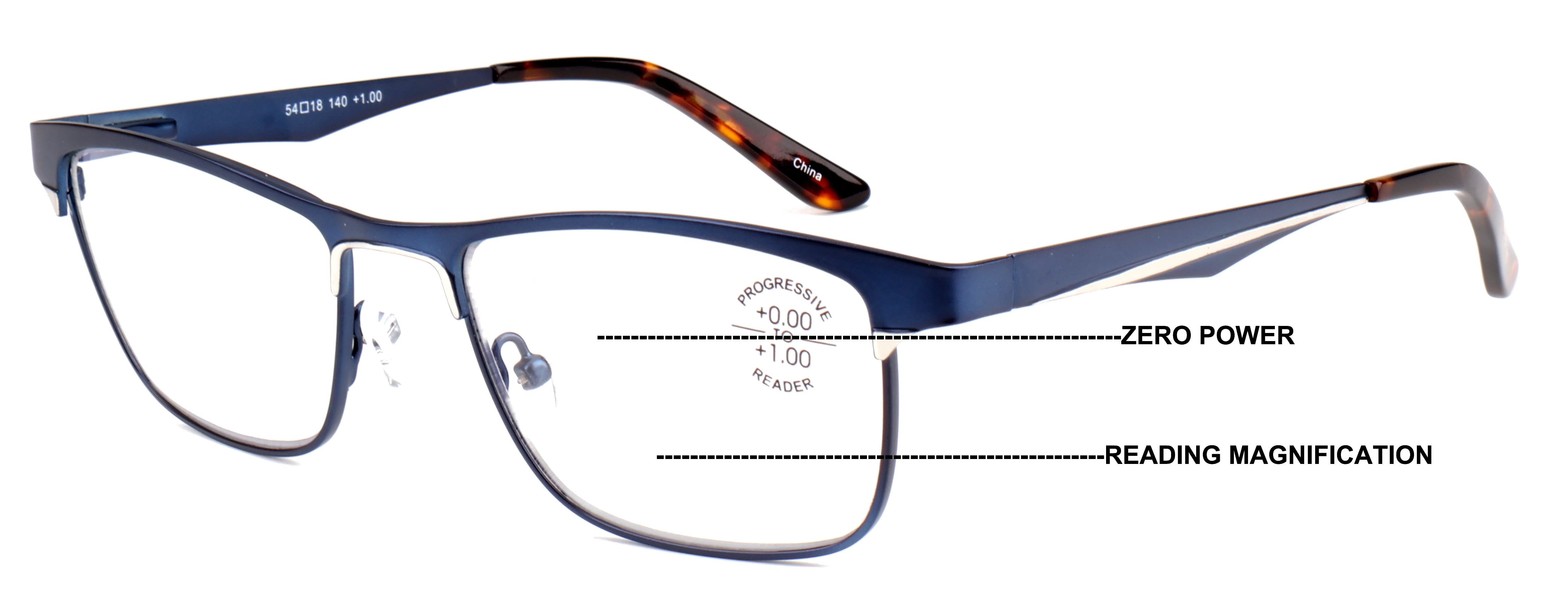 Men Large Metal Frame Clear Progressive Reading Glasses - Zero Power On Top - No Bubble 6035 +1.75
