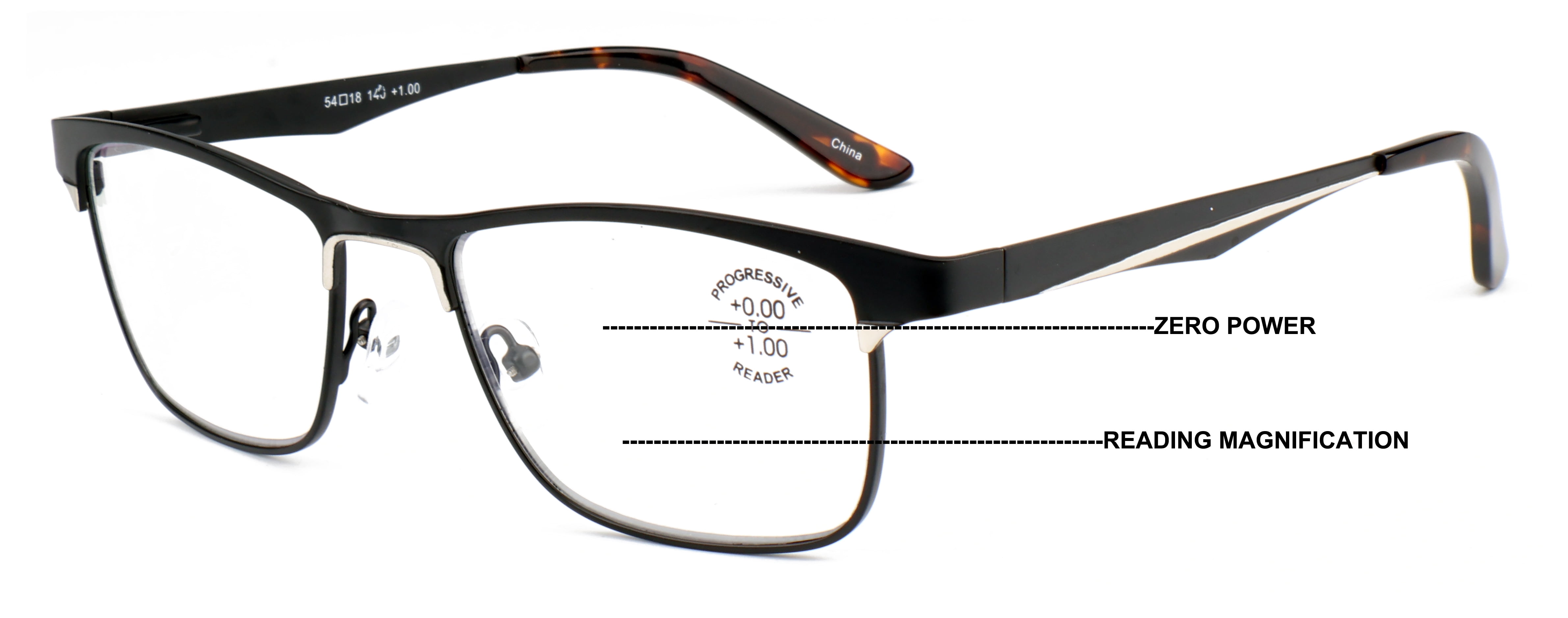 Men Large Metal Frame Clear Progressive Reading Glasses - Zero Power On Top - No Bubble 6035 +2.00