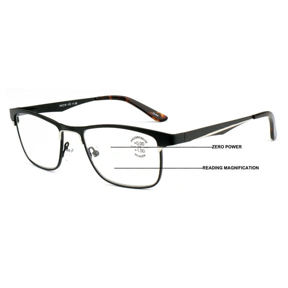 Men Large Metal Frame Clear Progressive Reading Glasses - Zero Power On Top - No Bubble 6035 +2.00