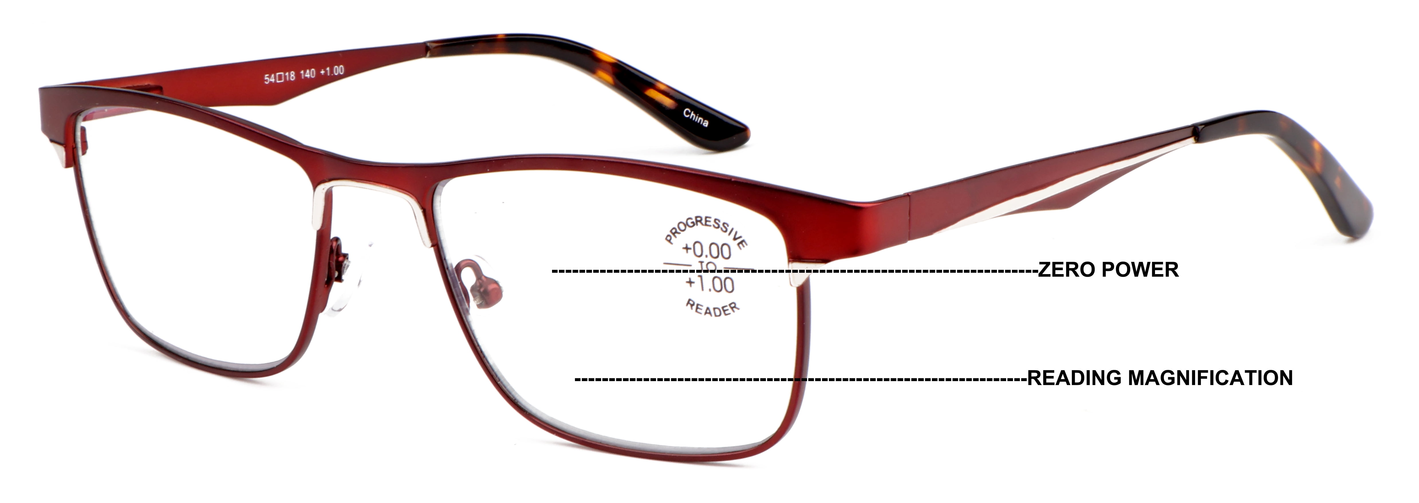 Men Large Metal Frame Clear Progressive Reading Glasses - Zero Power On Top - No Bubble 6035 +2.25