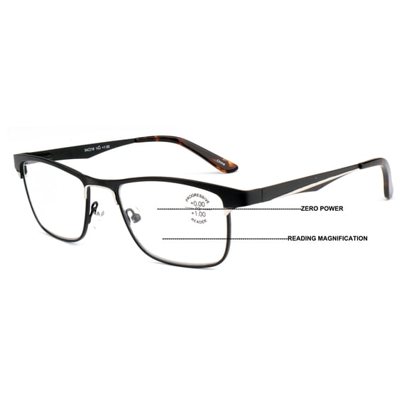 Men Large Metal Frame Clear Progressive Reading Glasses - Zero Power On Top - No Bubble 6035 +2.50