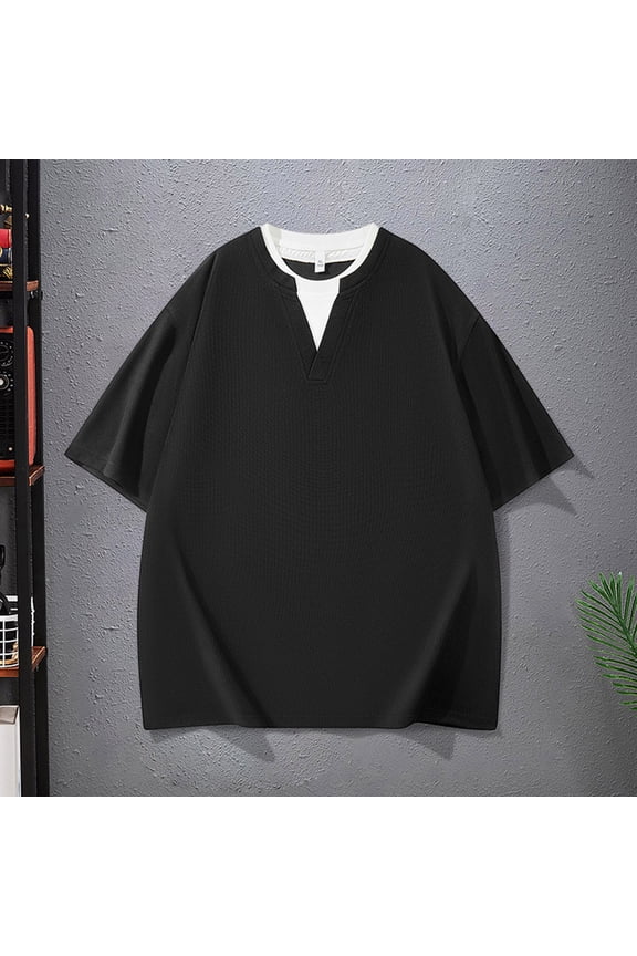 Men Layered Look Two Piece T-Shirt Patchwork Lapel Collar Short Sleeve Summer Casual Tee Tops Black