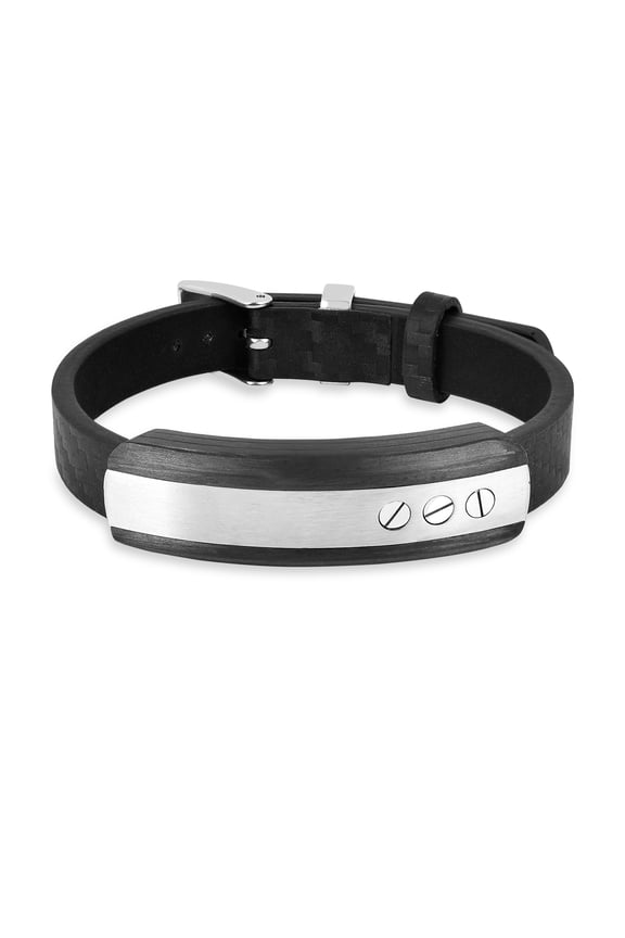 Men Leather Bar Bracelet In Stainless Steel with Carbon Fiber