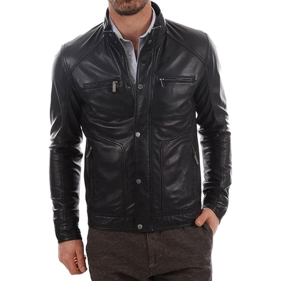 Men Leather Black Jacket Slim Fit Biker Motorcycle Genuine Lambskin Jacket A487