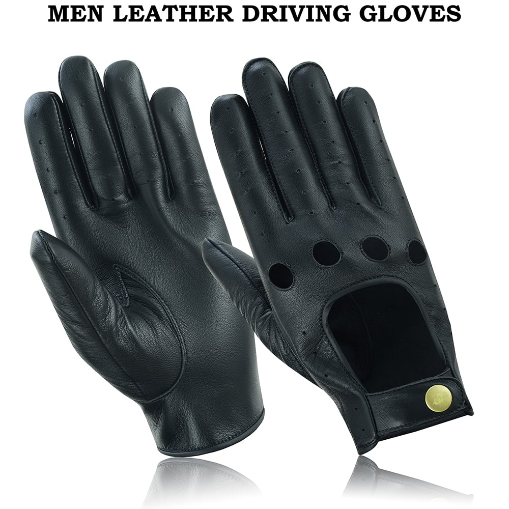 Men Leather Gloves Leather Driving Gloves Chauffeur 100% Genuine Lambskin Leather Full Finger Car Driving Motorcycle Bikers Riding Gloves Black-L