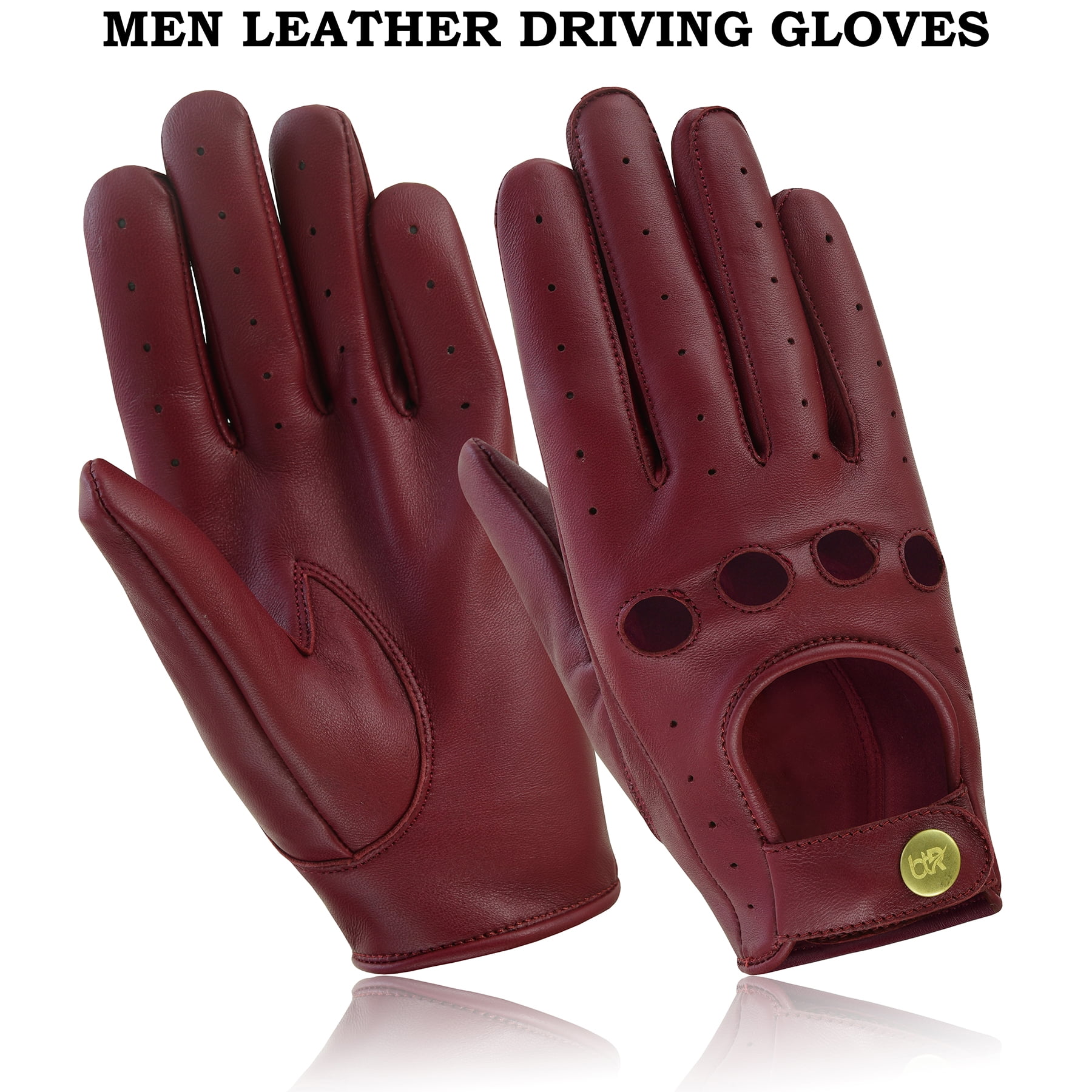 Men Leather Gloves Leather Driving Gloves Chauffeur 100% Genuine Lambskin Leather Full Finger Car Driving Motorcycle Bikers Riding Gloves Burgundy-L