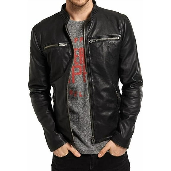 Men Leather Jacket Coat Motorcycle Biker Black Slim Fit Outwear Jackets A476