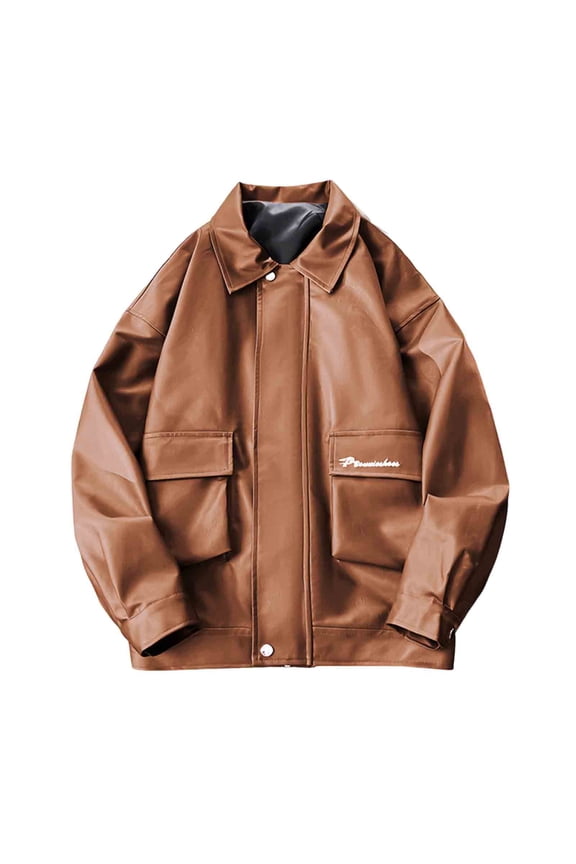 Men Leather Jacket Faux Lightweight Bomber Jackets Vintage Lapel Coats Motorcycle Long Sleeve Jacket Coat Casual Autumn Streetwear Leather Coat Flap Pockets