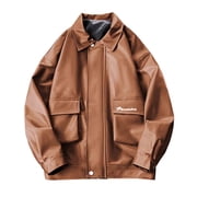 Men Leather Jacket Faux Lightweight Bomber Jackets Vintage Lapel Coats Motorcycle Long Sleeve Jacket Coat Casual Autumn Streetwear Leather Coat Flap Pockets