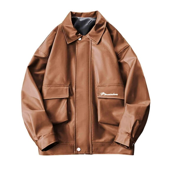 Men Leather Jacket,Men's Faux Lightweight Bomber Jackets Vintage Lapel Coats Motorcycle Long Sleeve Jacket Coat Casual Autumn Streetwear Leather Coat Flap Pockets Trendy Coats