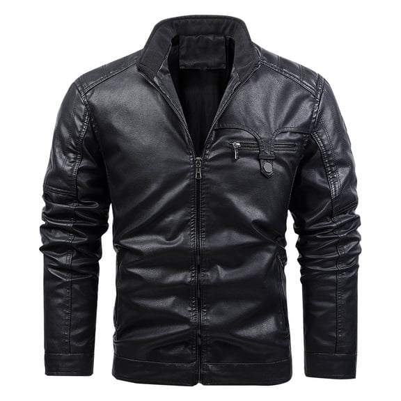 Men Leather Jacket Multiple Pockets Zipper Loose Coat Solid Color Long Sleeved Hooded Leatherwear Loose Coat