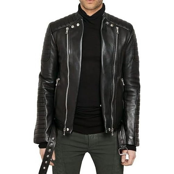 Men Leather Jacket Slim Fit Biker Motorcycle Genuine Lambskin Black Jacket A864