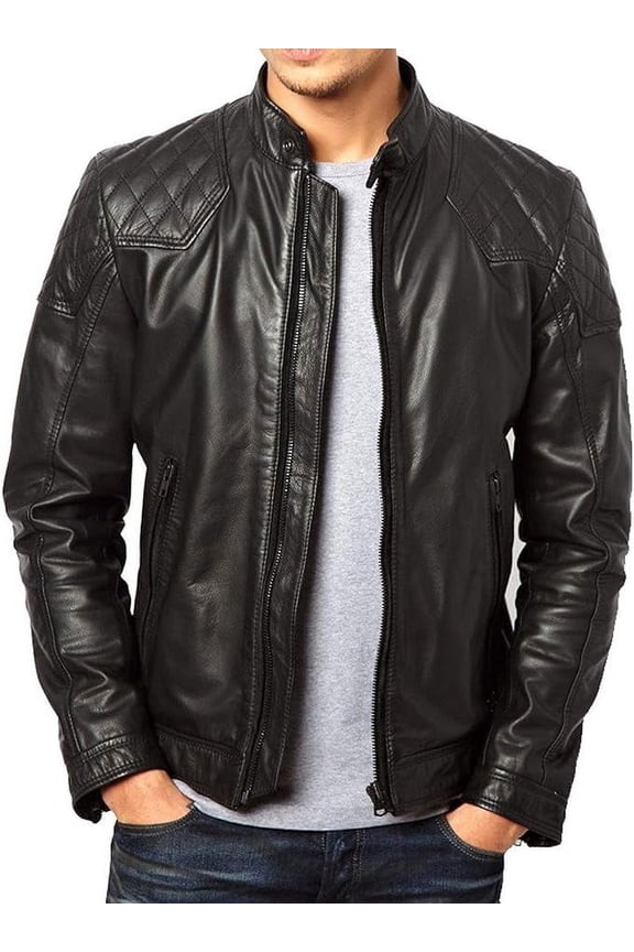 Men Leather Jacket Slim Fit Biker Motorcycle Genuine Lambskin Jacket A111