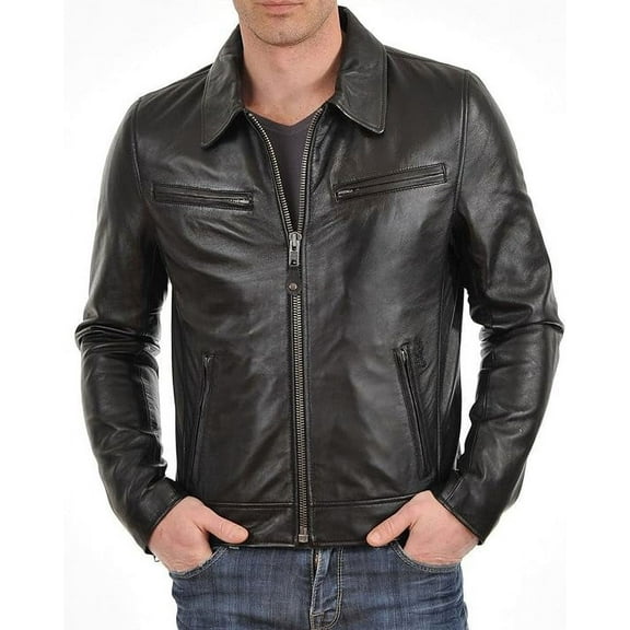 Men Leather Jacket Slim Fit Biker Motorcycle Genuine Lambskin Jacket A114