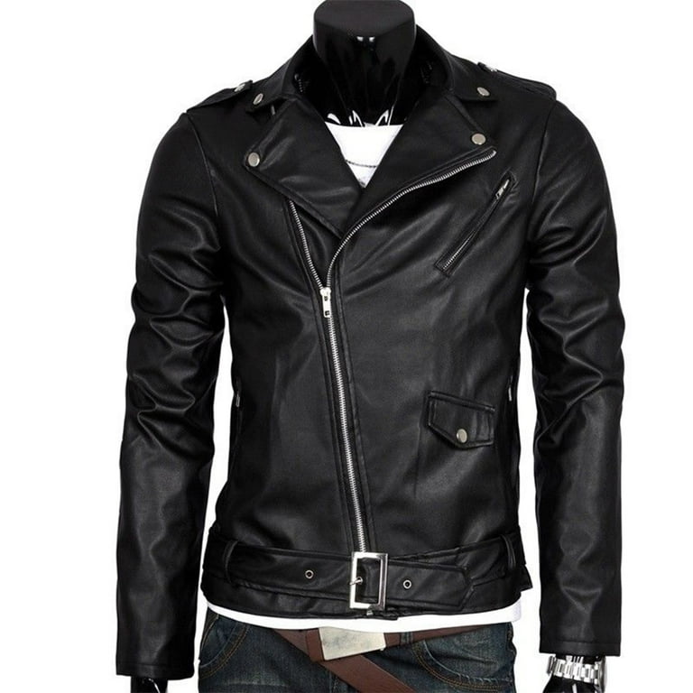 Men Leather Jacket Slim Fit Motorcycle Jacket Zipper Casual Coat
