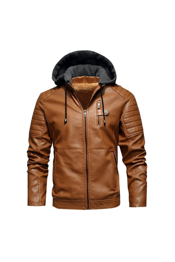 Men Leather Jacket With Hood Clearance Men's Fashion Casual Solid Color Zipper Pockets Long Sleeve Hooded Denim Outwear Coat Yellow XXL