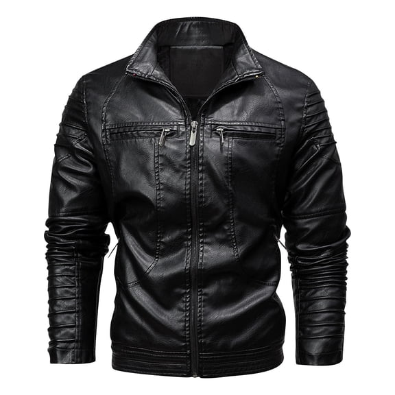 Men Leather Jackets Men Leather Jacket Multiple Pockets Zipper Loose Coat Solid Color Long Sleeved Hooded Leatherwear Coat Black M