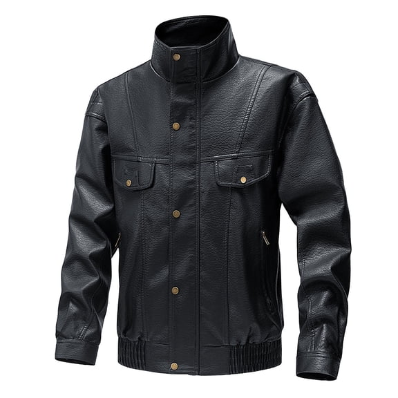 Men Leather Jackets Clearance Sale Men Zipper Pocket Artificial Leather Clothing Long Sleeves No Hat Fall And Winter Loose Coat Black XL