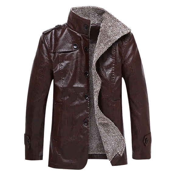 Men Leather Jackets Men's Fashion Casual Solid Color Buttons Pockets Long Sleeve Hoodless Casual Outwear Coffee XXL