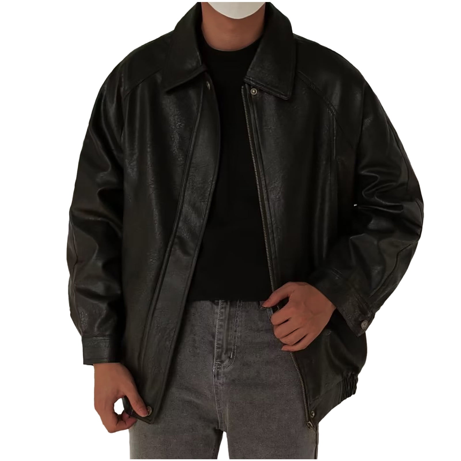 Men Leather Jackets Men's Lapel Casual Loose Heavy Distressed Leather Jacket Long Sleeve Hoodless Leather Coat/Jacket Black XL