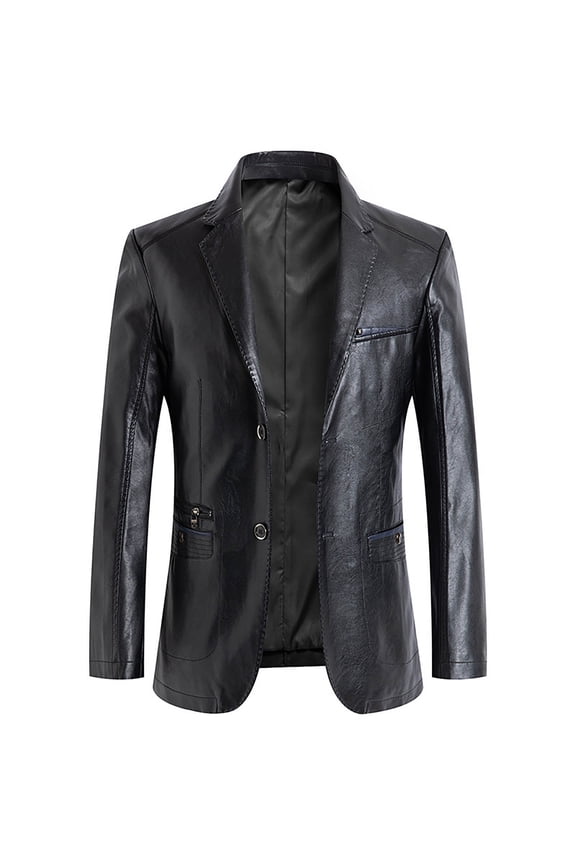 Men Leather Jackets Men's Solid Color Leather Suit Fashionable No Iron Plus Leather Suit Black XXL