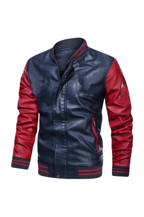Men Leather Jackets Clearance Sale Men's Solid Color Stand Up Collar Light Version Open And Close Zipper Button Leather Jacket Blue XXL