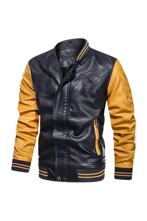 Men Leather Jackets Clearance Sale Men's Solid Color Stand Up Collar Light Version Open And Close Zipper Button Leather Jacket Yellow XXXL