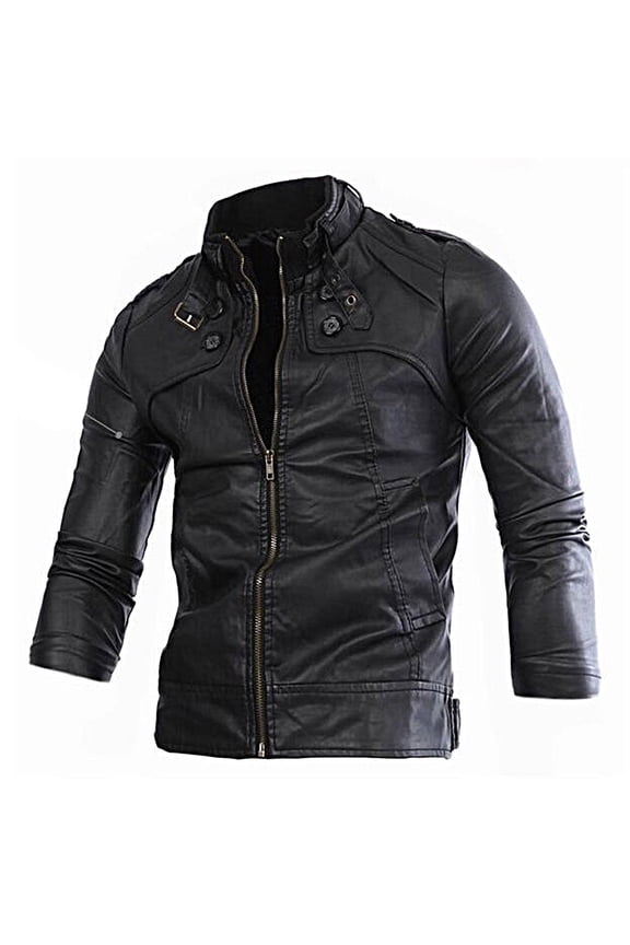 Men Leather Jackets Clearance Sale Men's Spring And New Multi Button Motorcycle Standing Collar Washed Leather Jacket Men's Leather Coat Black M