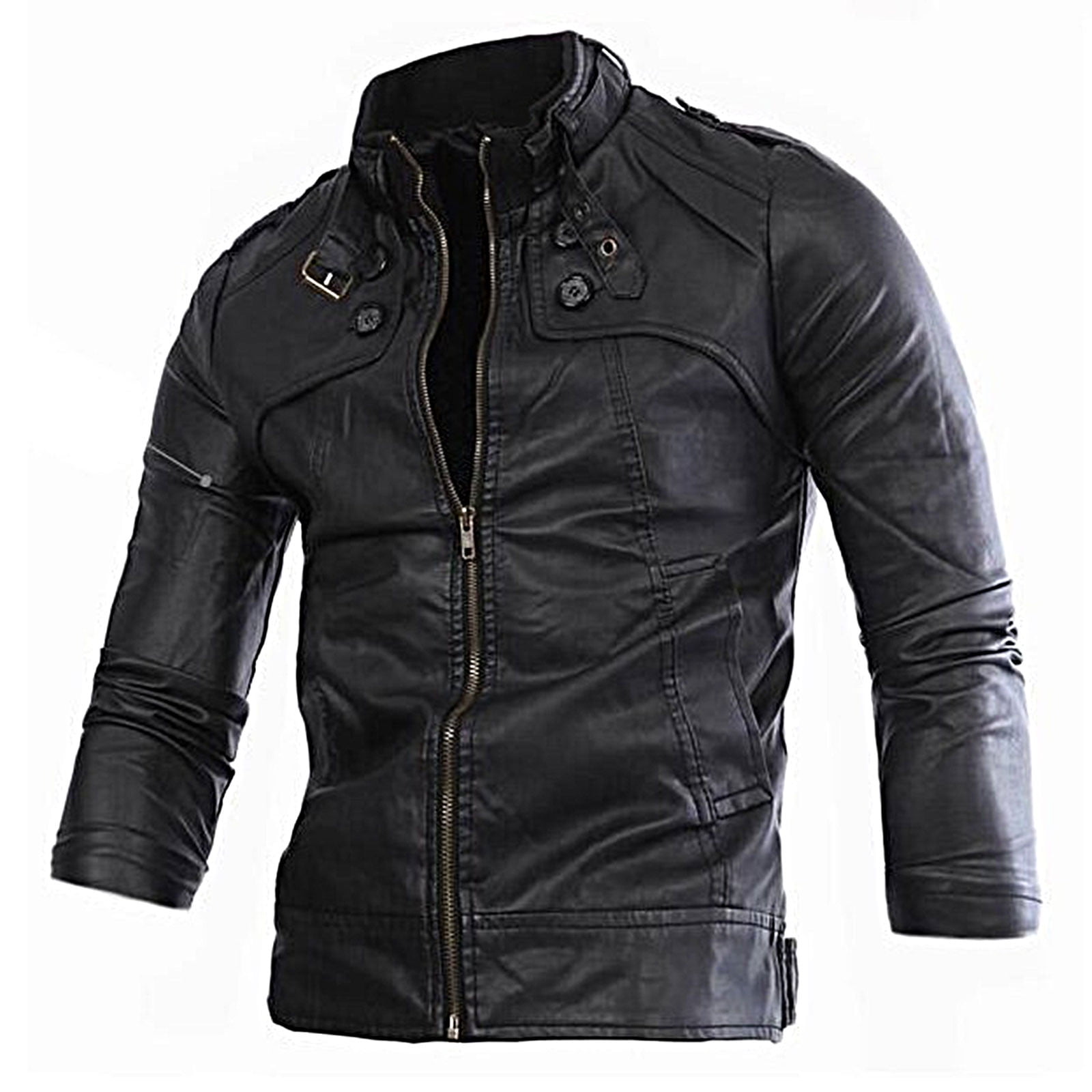 Men Leather Jackets Clearance Sale Men's Spring And New Multi Button Motorcycle Standing Collar Washed Leather Jacket Men's Leather Coat Black XXL