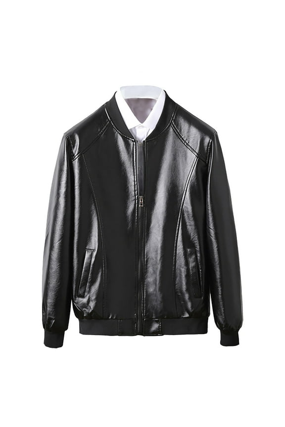 Men Leather Jackets Men's Thin Leather Jacket Round Neck Slim Baseball Collar Leather Jacket Men's Motorcycle Leather Jacket Black XXL
