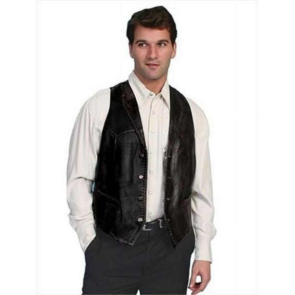 Men Leather Lapel Vest - Black Lamb, Large